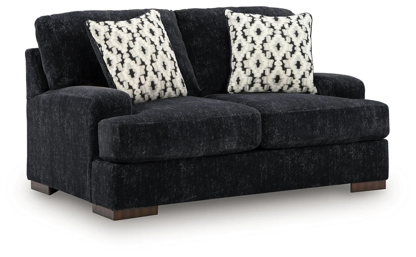 Matching oversized loveseat with chunky chenille upholstery, reversible cushions, plush seating, and coordinating accent pillows.
