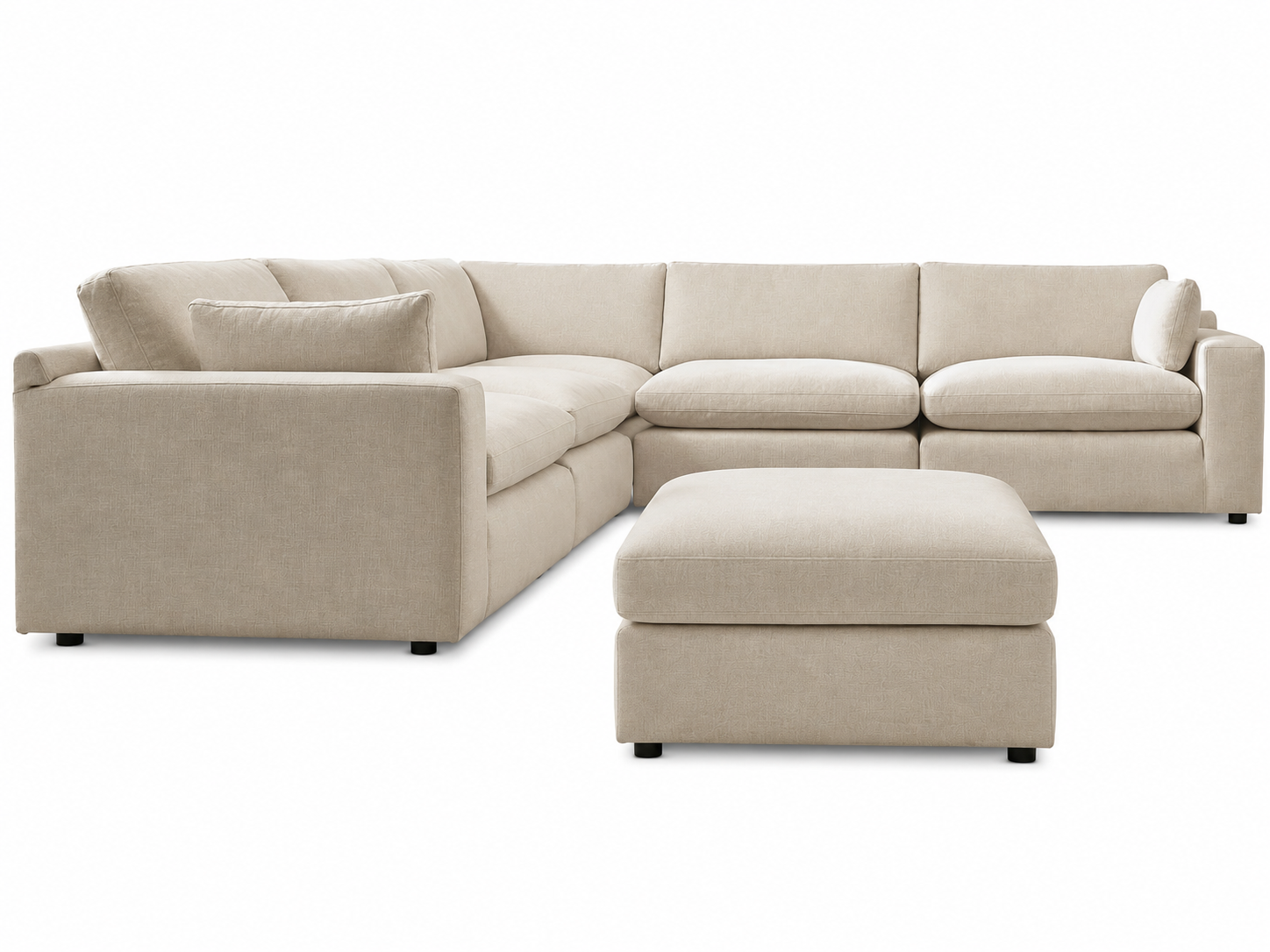 Emerson modular sectional collection with a five-piece sectional and matching oversized ottoman on a white background.