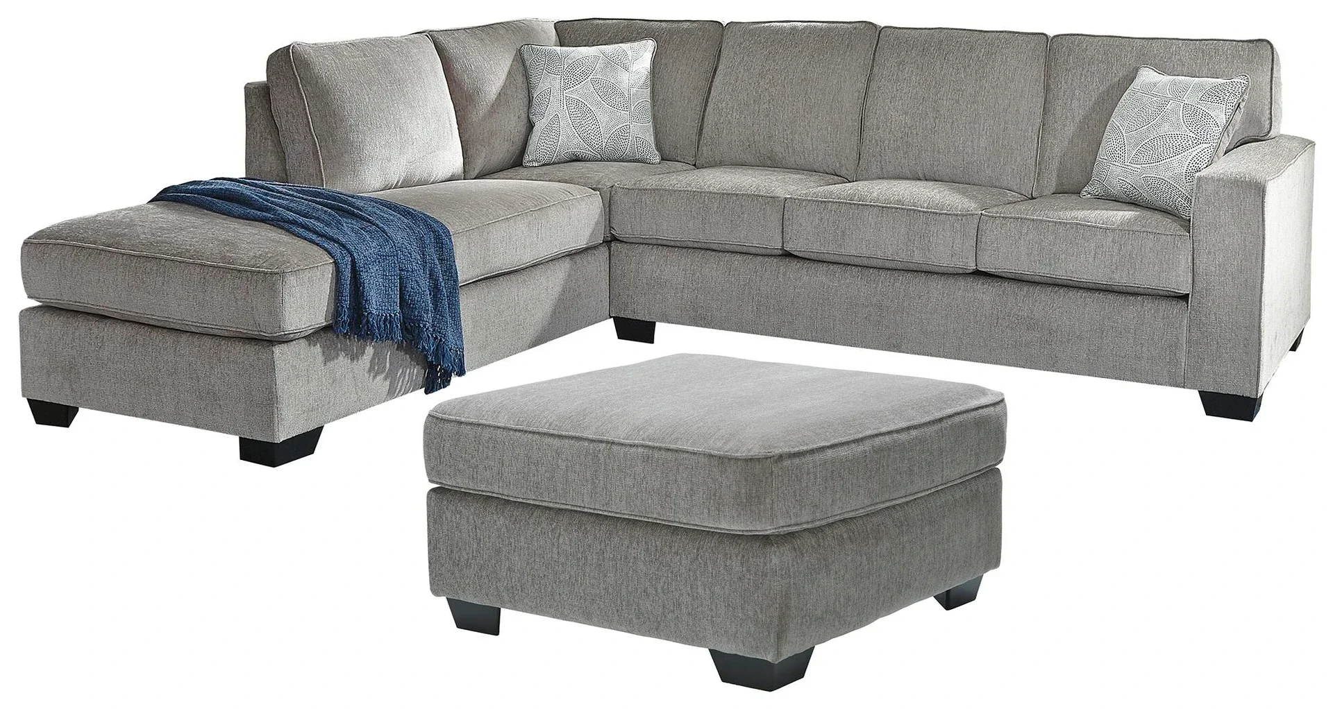Avalon sectional collection with a contemporary sectional and optional oversized ottoman on a white background.