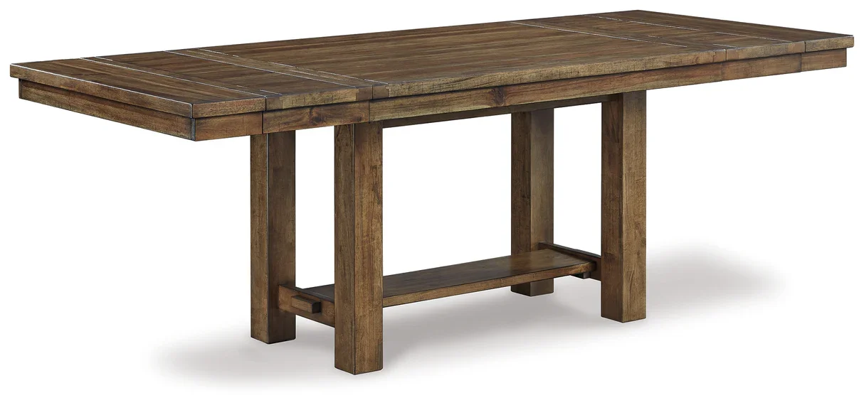 Farmhouse extension dining table with a distressed nutmeg finish, thick planked tabletop, and two removable extension leaves.