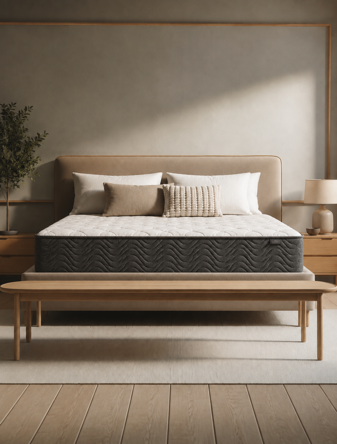 A neatly made bedroom with a beige upholstered bed, placed against a wall with minimalist decor. The bed has multiple pillows, and there's a light wood bench at the foot of the bed. On either side are matching wooden nightstands, each with a lamp. A potted plant is on the left, and a small bowl is on the right nightstand. The room has natural light coming from the right, creating soft shadows.