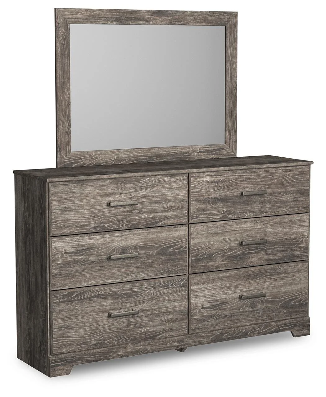 Six-drawer dresser with a matching mirror, warm gray oak finish, smooth-gliding drawers, and antiqued pewter-tone hardware.