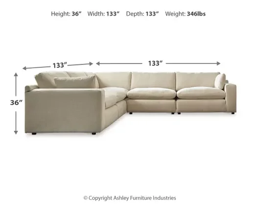 Emerson modular sectional dimensions showing overall width, depth, and height measurements.