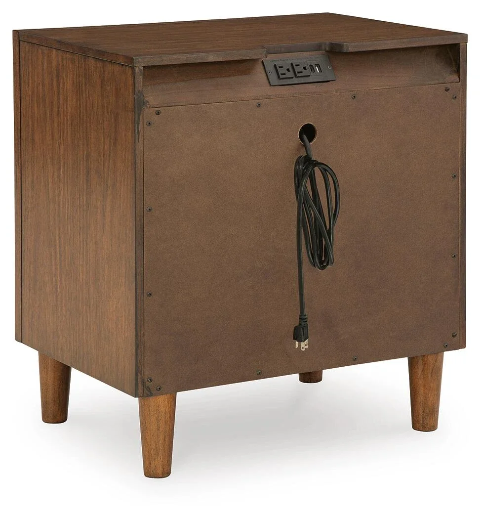 Two-drawer nightstand with a medium brown wood finish, built-in power outlet, USB-A and USB-C charging ports, and tapered legs.