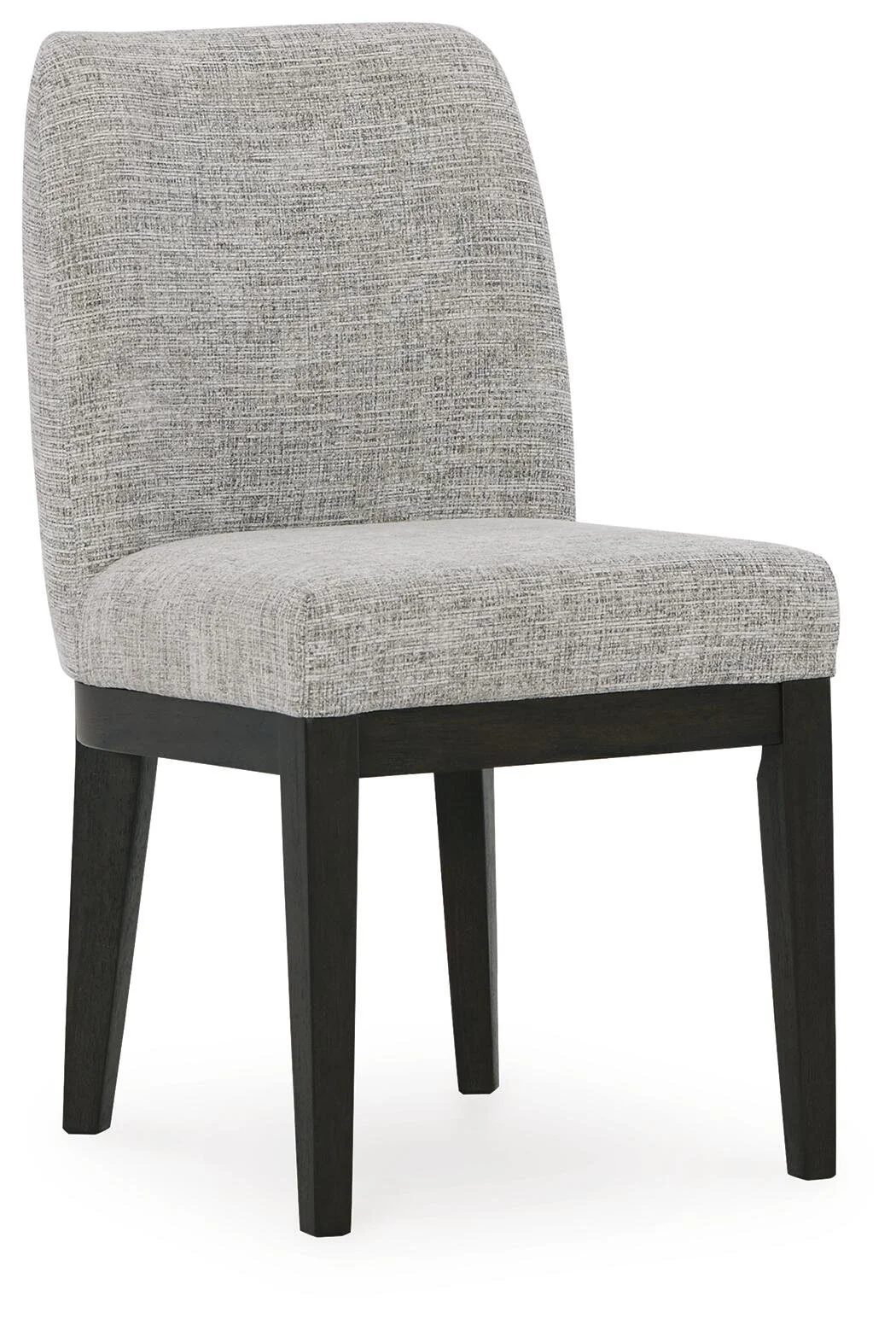 Contemporary upholstered dining chair with a dark oak wood frame, softly contoured back, and beige woven polyester cushioned seat.