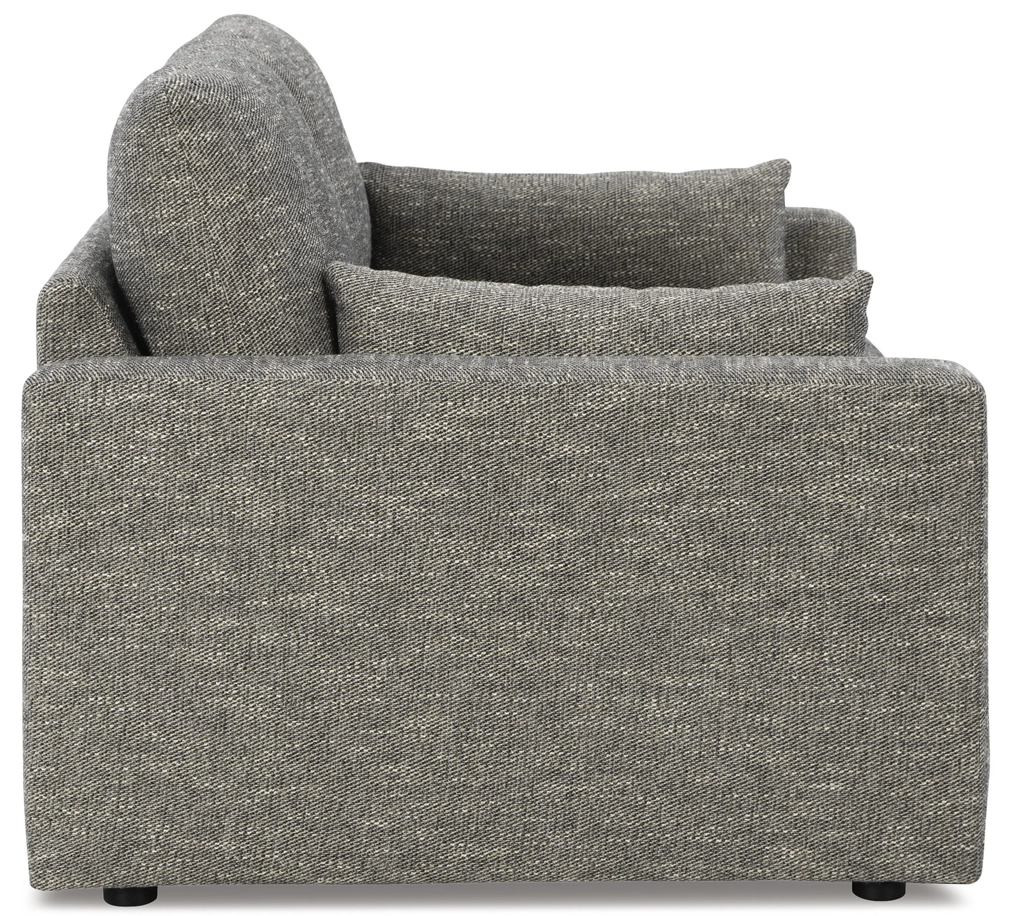 Matching loveseat with plush feather-fiber blend cushions, granite-colored upholstery, reversible cushions, and bolster pillows.