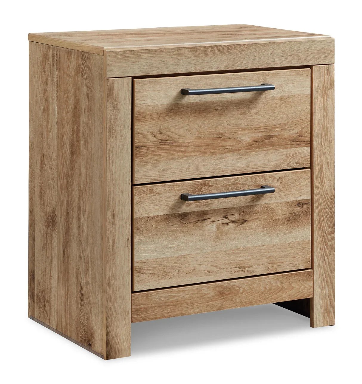 Two-drawer nightstand with a golden rustic finish, faux linen-lined drawers, antiqued gunmetal hardware, and built-in USB charging ports.