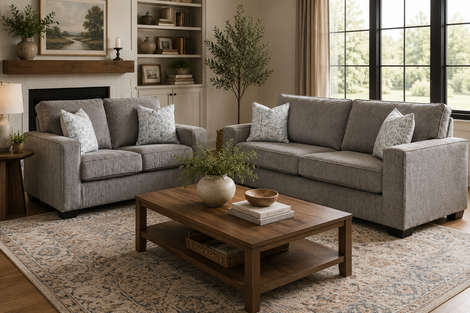Avalon sofa and loveseat collection in a contemporary living room featuring slate gray upholstery and coordinating floral accent pillows.