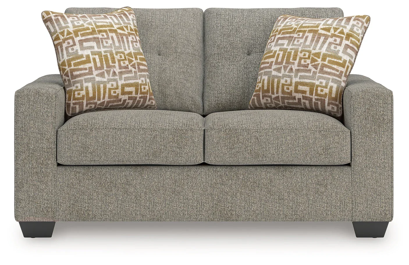 Matching transitional loveseat with track arms, soft polyester upholstery, plush cushions, and coordinating accent pillows.