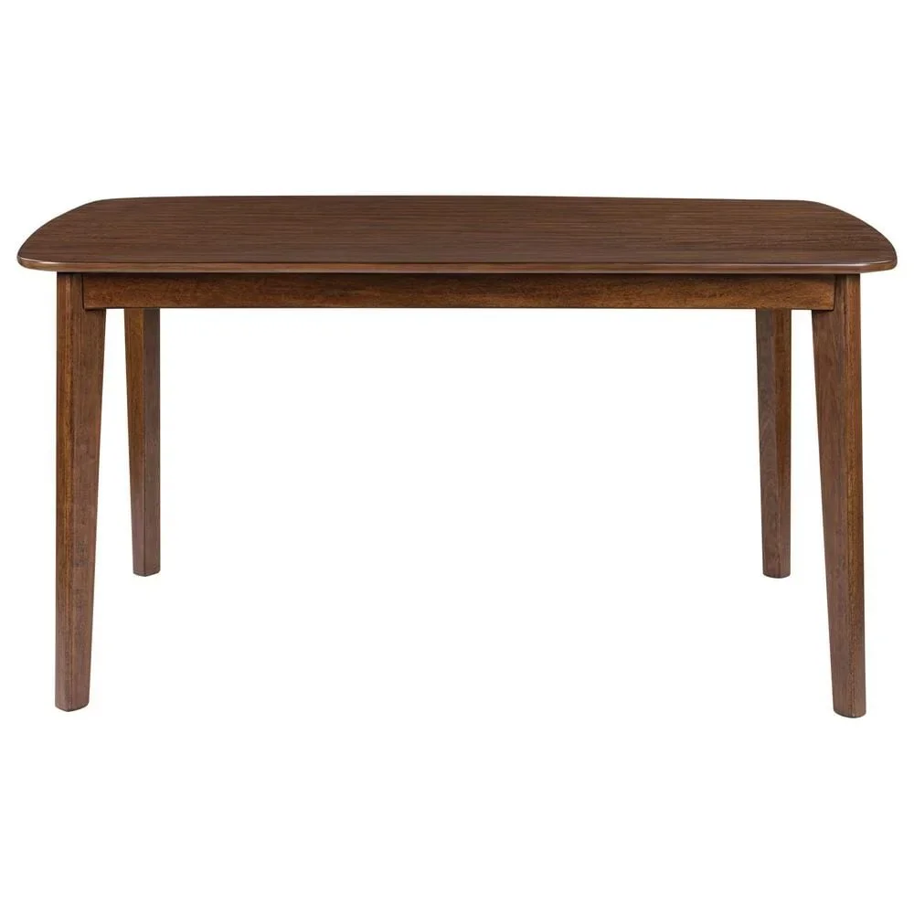 Rectangular mid-century dining table with a warm medium brown mango wood finish and clean, modern lines.