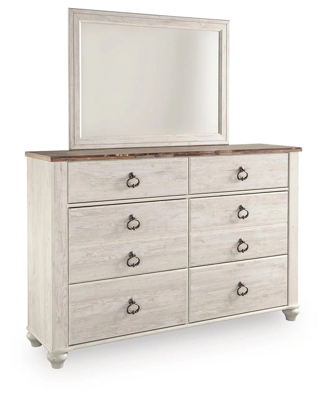 Six-drawer whitewash dresser with a matching mirror, smooth-gliding drawers, and antiqued brass-tone hardware.