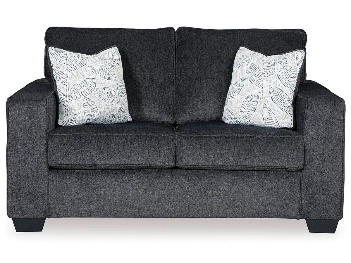Matching contemporary loveseat with chenille-feel upholstery, track arms, plush seating, and coordinating floral accent pillows.
