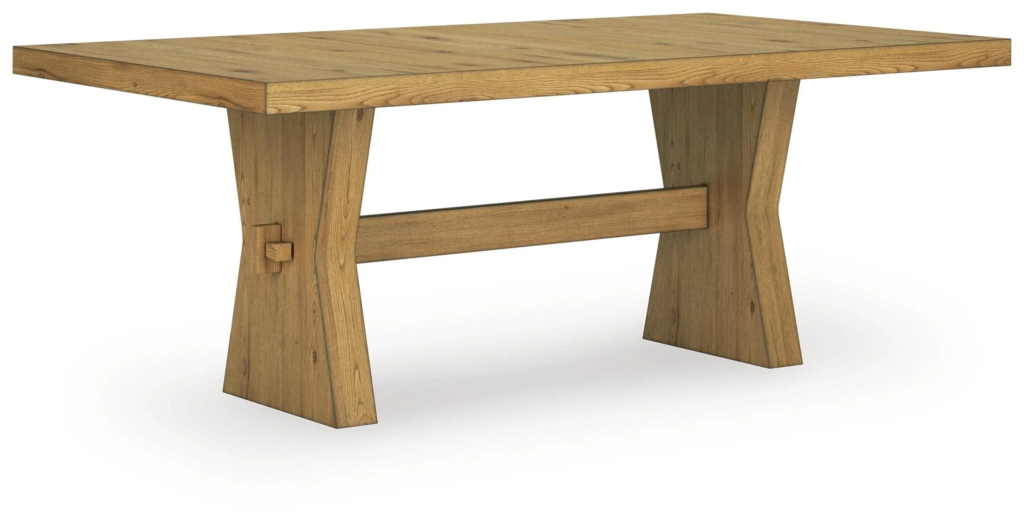 Rectangular rustic oak dining table with a thick wood veneer top showcasing natural wood grain, knots, and organic character.