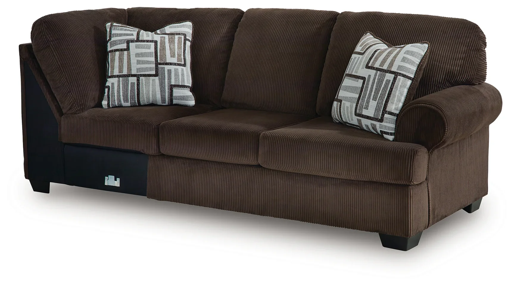 Close-up of the Kingston sectional showcasing the soft corded polyester upholstery, plush cushions, accent pillows, and quality craftsmanship.