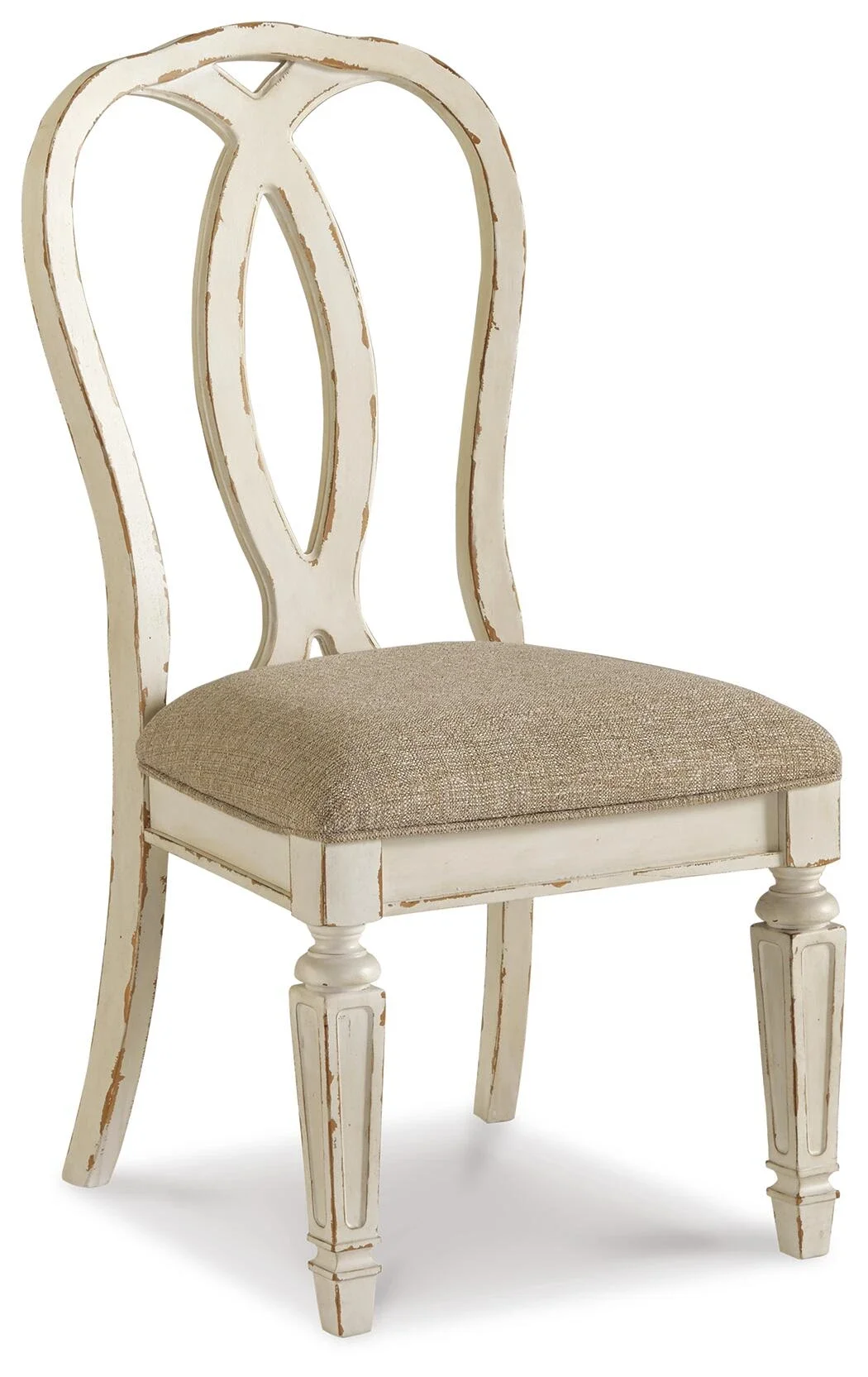 French country dining chair with a distressed chipped white finish, elegant ribbon-back design, and a foam-cushioned upholstered seat.