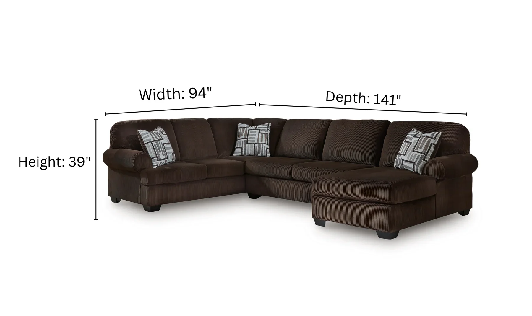 Kingston sectional dimensions showing overall width, depth, and height measurements.