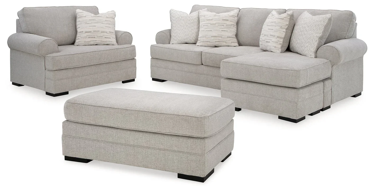 Edgewater sofa collection with a reversible sofa chaise, oversized chair, and matching ottoman on a white background.