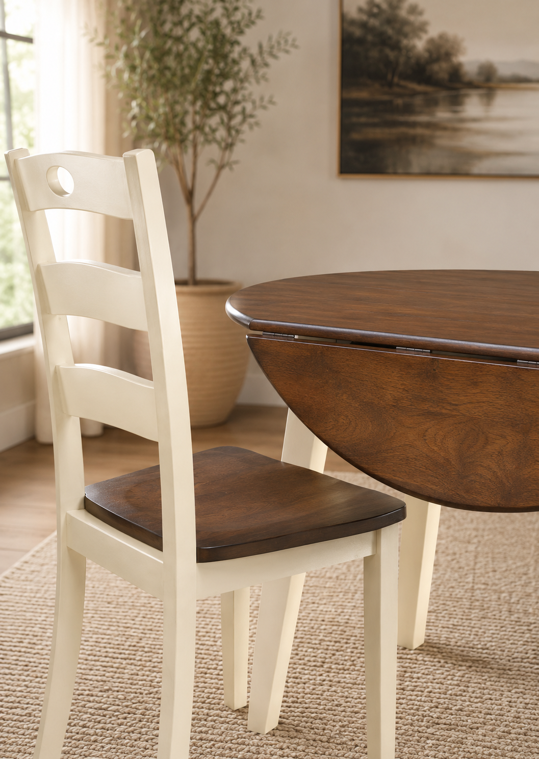 Close-up of the Woodbridge Dining Set showcasing the warm wood grain, cream-colored finish, and quality craftsmanship.