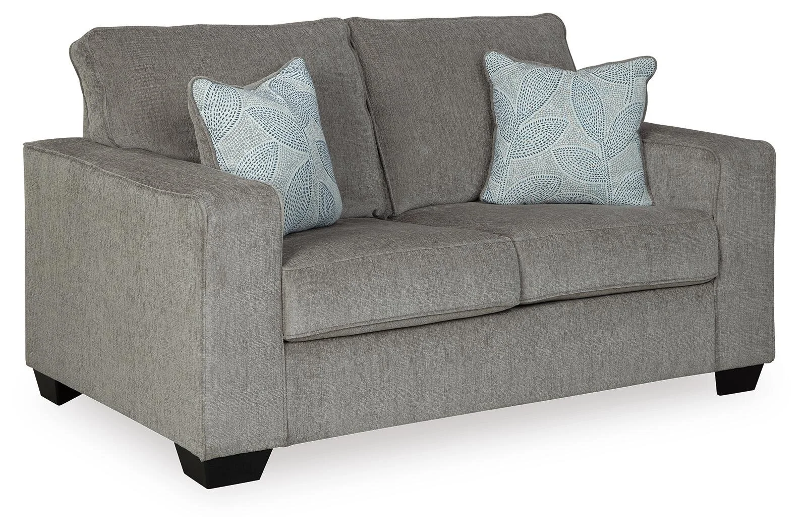 Matching contemporary loveseat with chenille-feel upholstery, track arms, plush seating, and coordinating floral accent pillows.