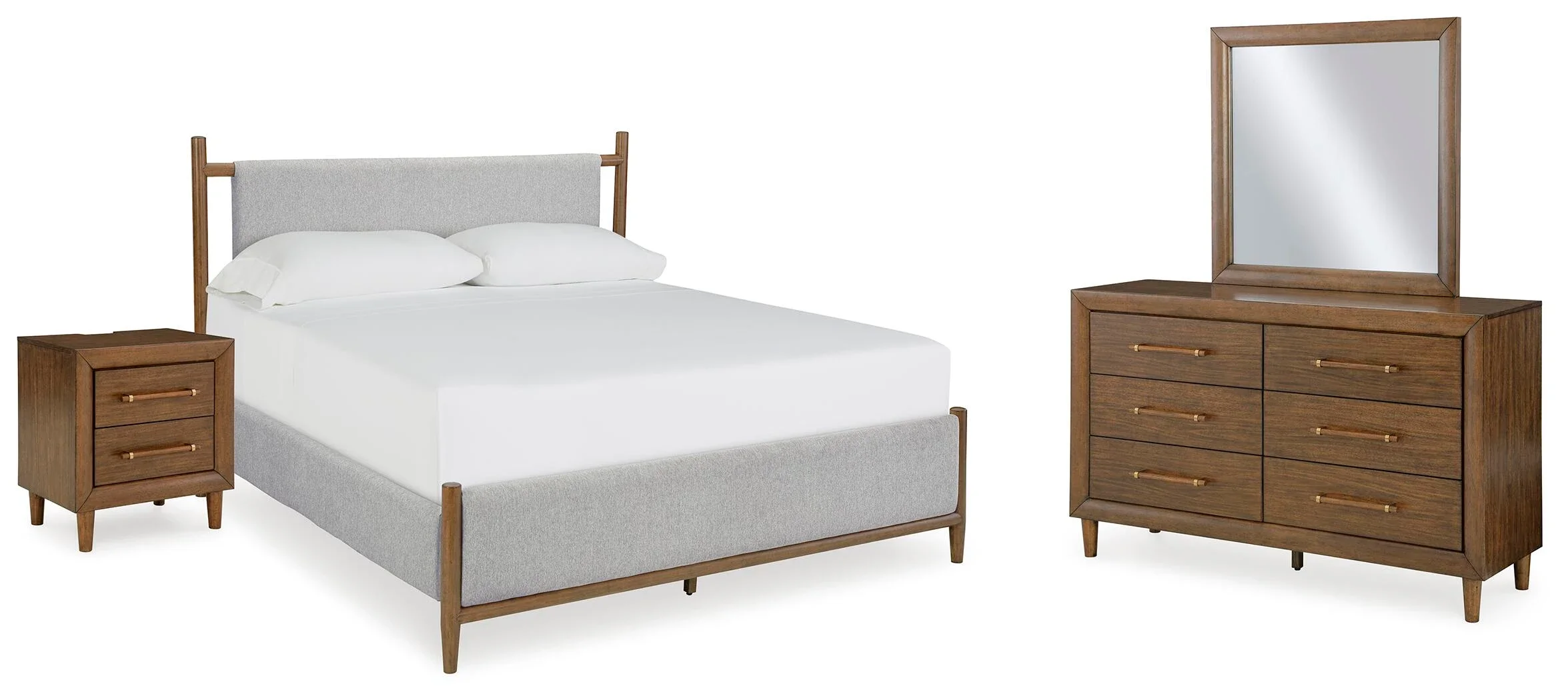 Langford 4-piece bedroom set with an upholstered panel bed, dresser with mirror, and nightstand on a white background.