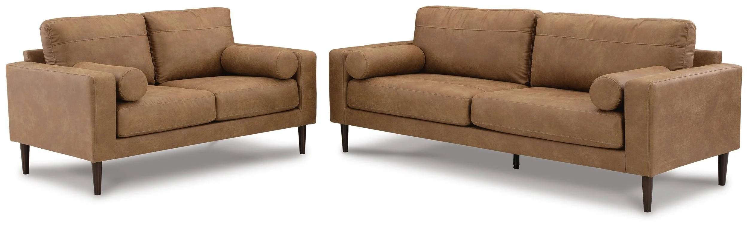 Timber sofa and loveseat collection on a white background featuring a faux leather sofa and matching loveseat.