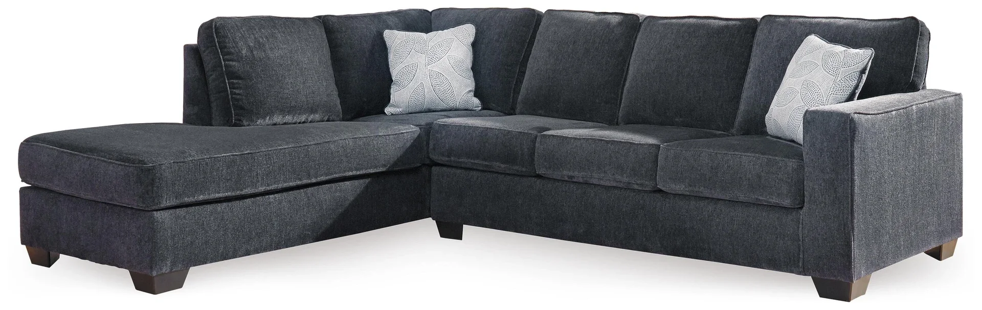Contemporary sectional with chaise featuring soft chenille-feel upholstery, track arms, plush seating, and coordinating accent pillows.