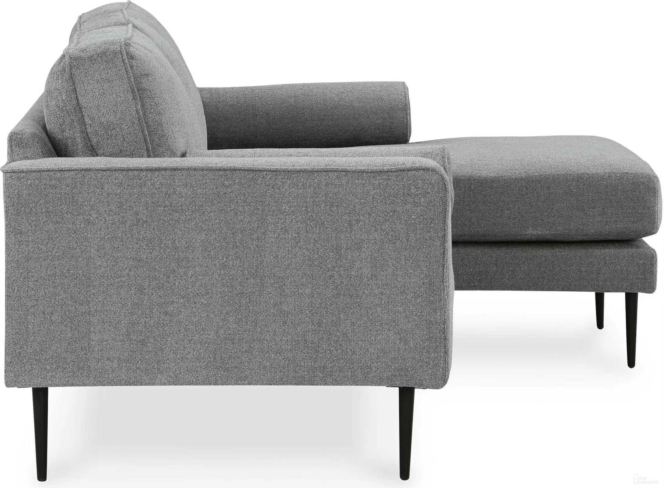 Modern reversible sofa chaise with textured polyester upholstery, slim profile, bolster pillows, and black metal accent legs.