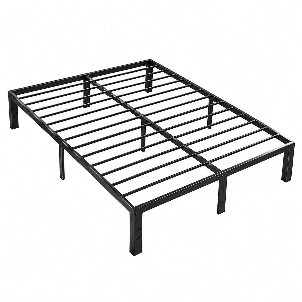 Heavy-duty black metal platform bed frame with steel slat support