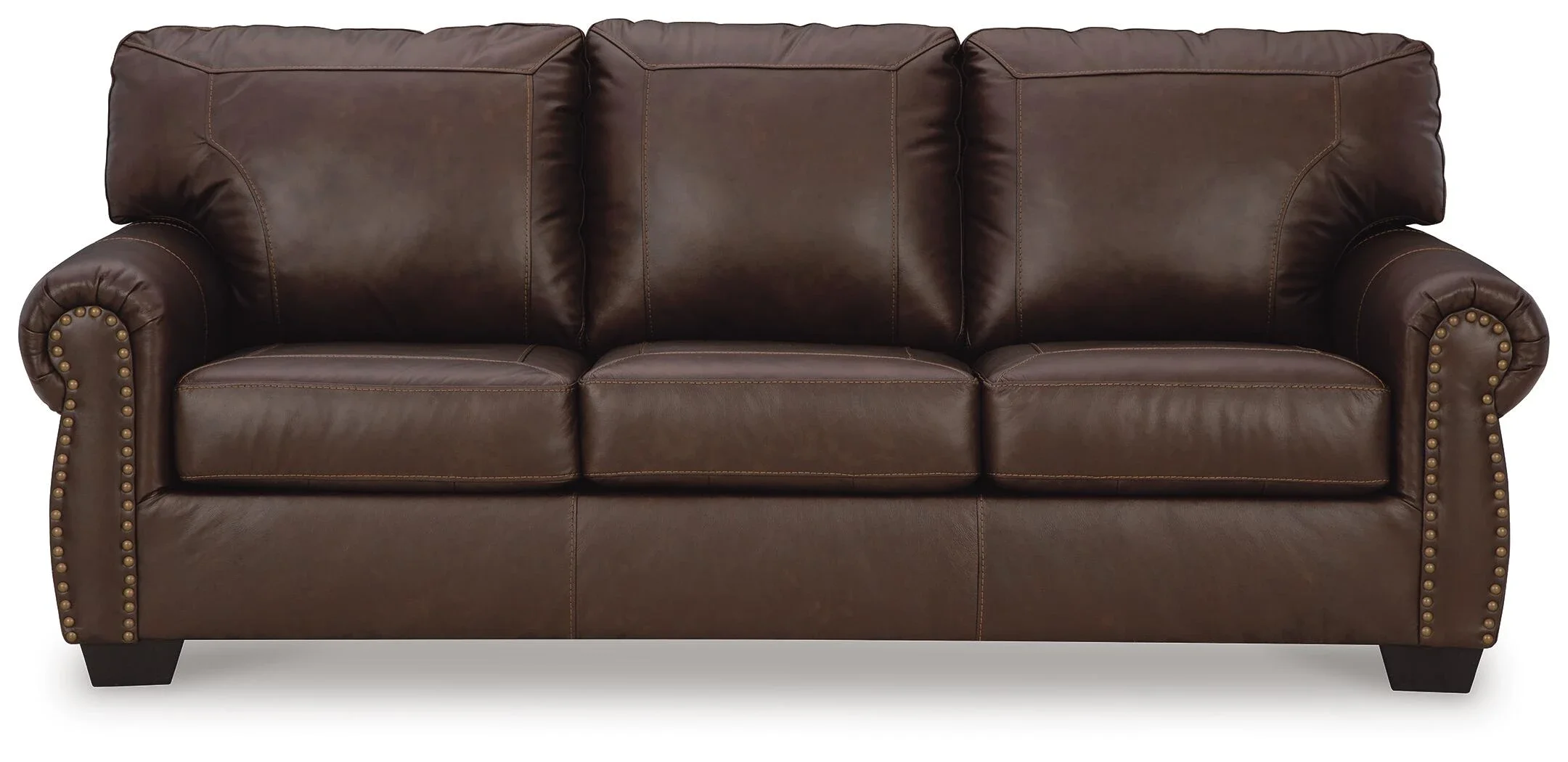 Traditional leather sofa with top-grain leather seating, classic roll arms, decorative nailhead trim, and plush cushions.