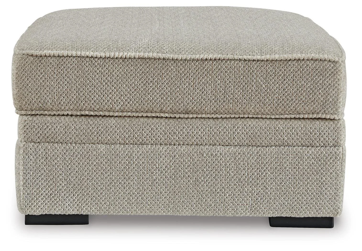 Matching upholstered storage ottoman with hidden storage, removable lid, and built-in cup holders.