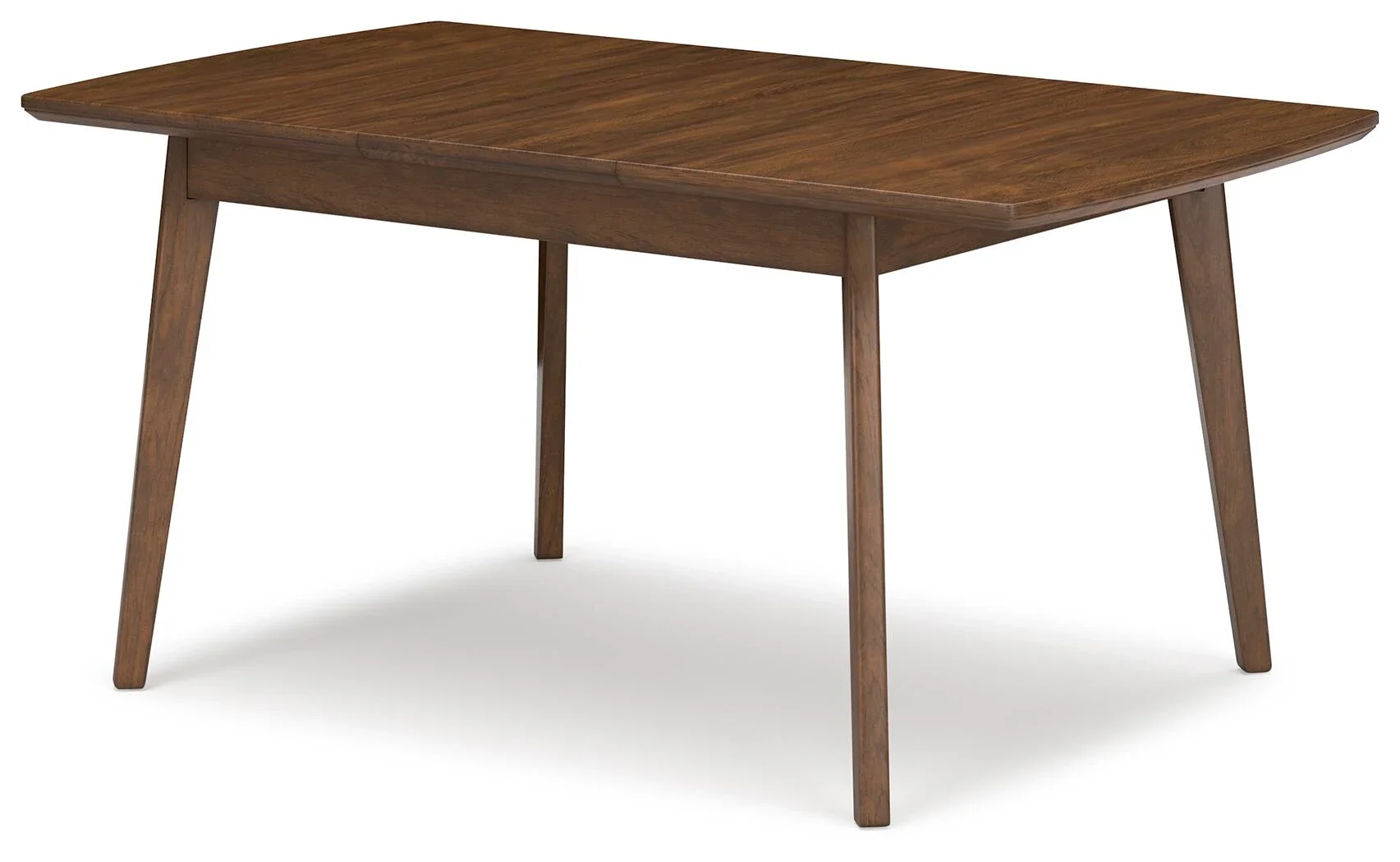 Rectangular butterfly leaf dining table in a warm medium brown wood finish featuring clean mid-century modern lines and a self-storing extension leaf.
