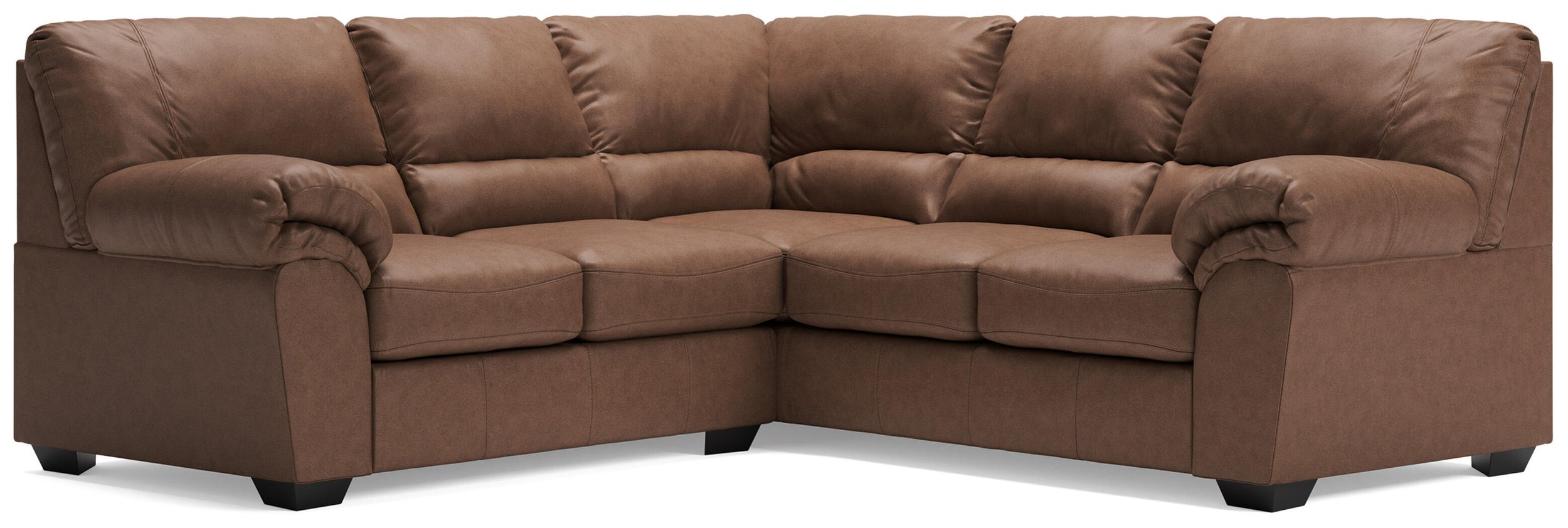 Contemporary faux leather sectional with corner wedge, jumbo stitching, plush seating, and rich umber upholstery.