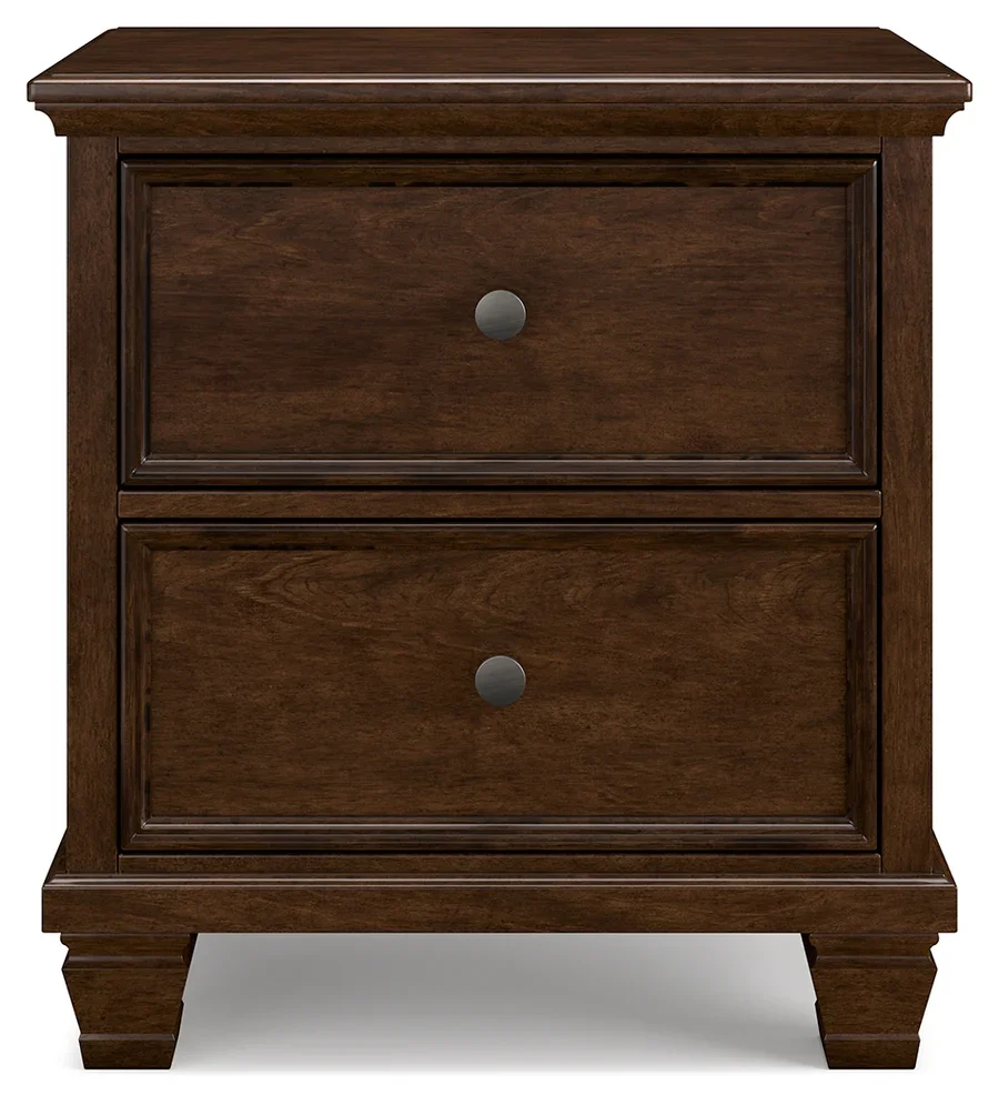 Two-drawer cherry nightstand with a brownish cherry finish, dovetail drawers, tapered feet, and satin nickel-tone hardware.