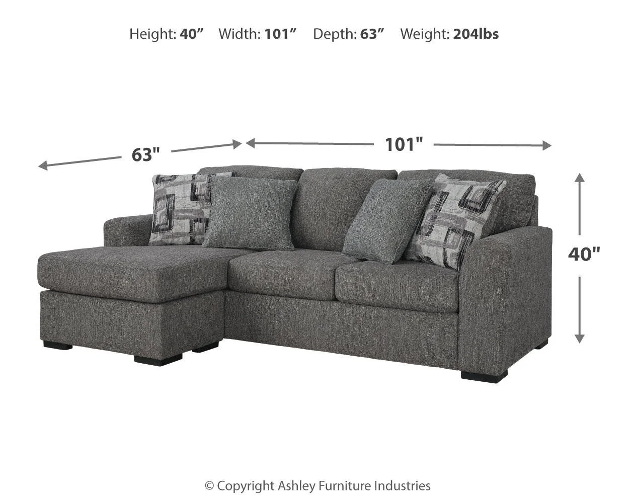 Granite sofa chaise dimensions showing overall width, depth, and height measurements.
