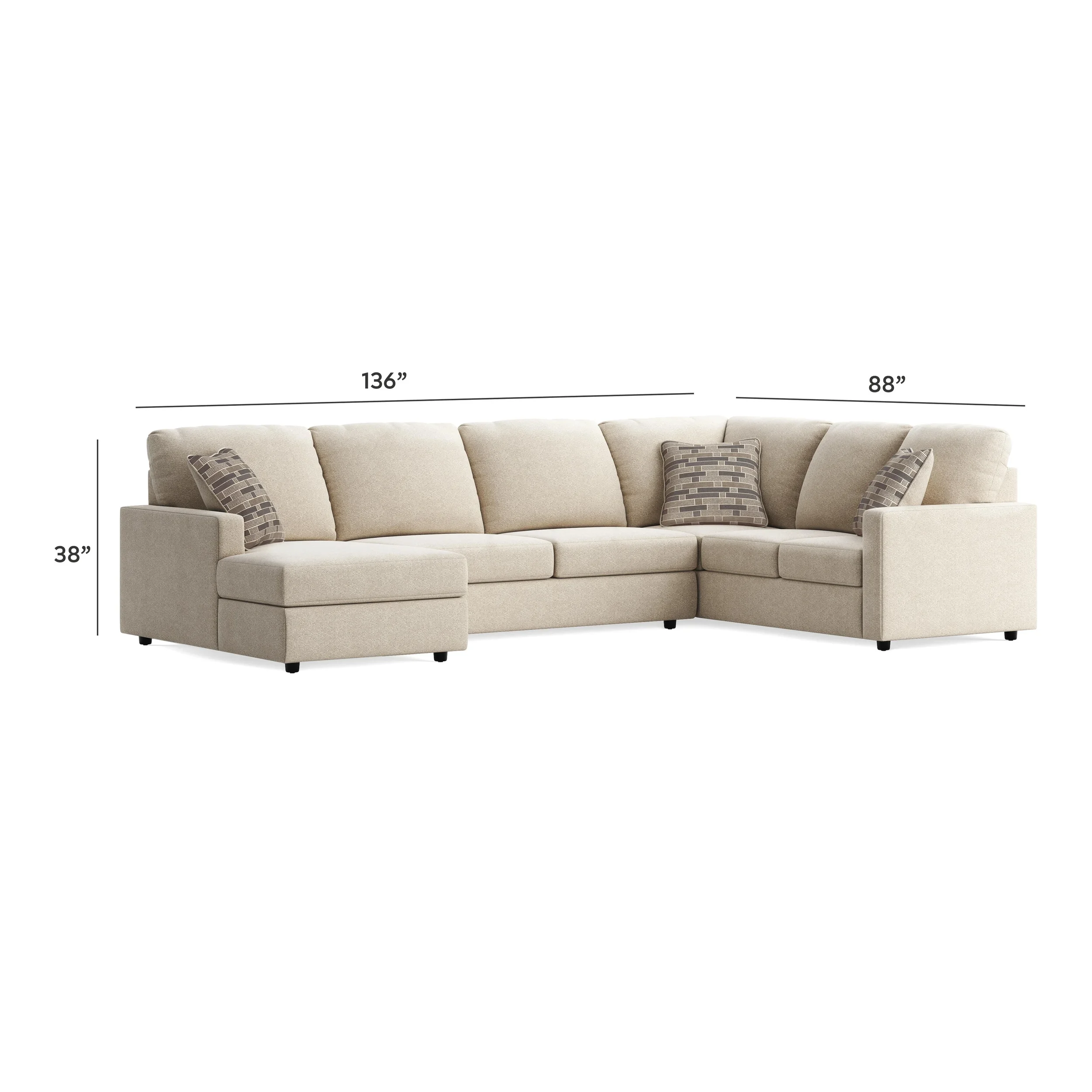 Evergreen sectional dimensions showing overall width, depth, and height measurements.