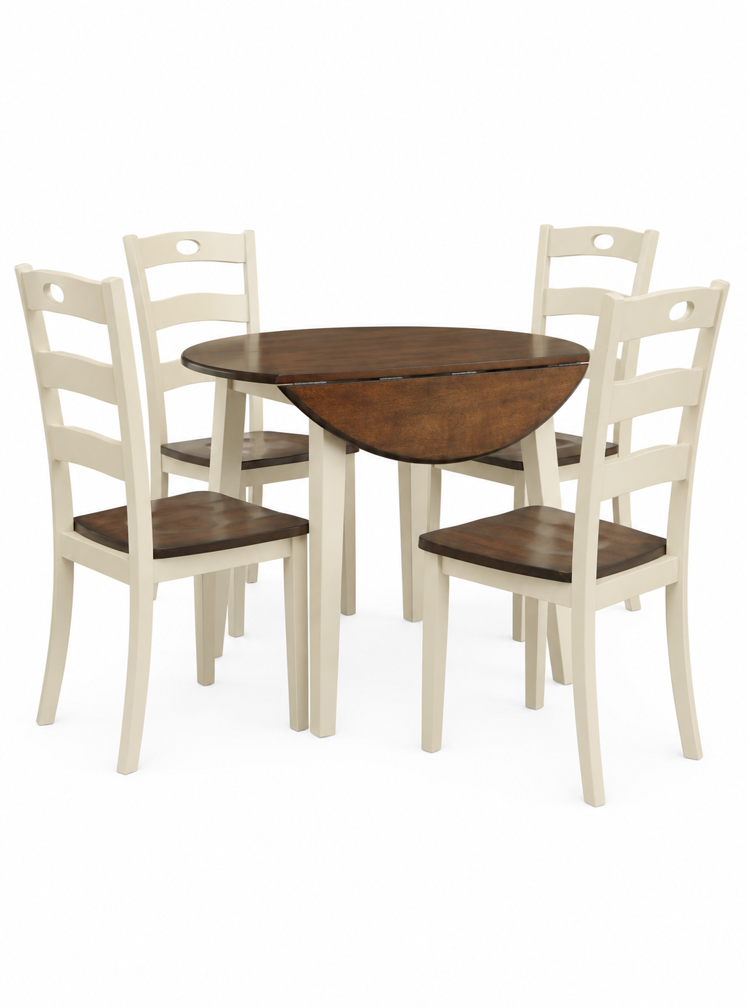 Extended leaf Woodbridge Dining Set with a round two-tone dining table and four matching cream and wood ladderback chairs.