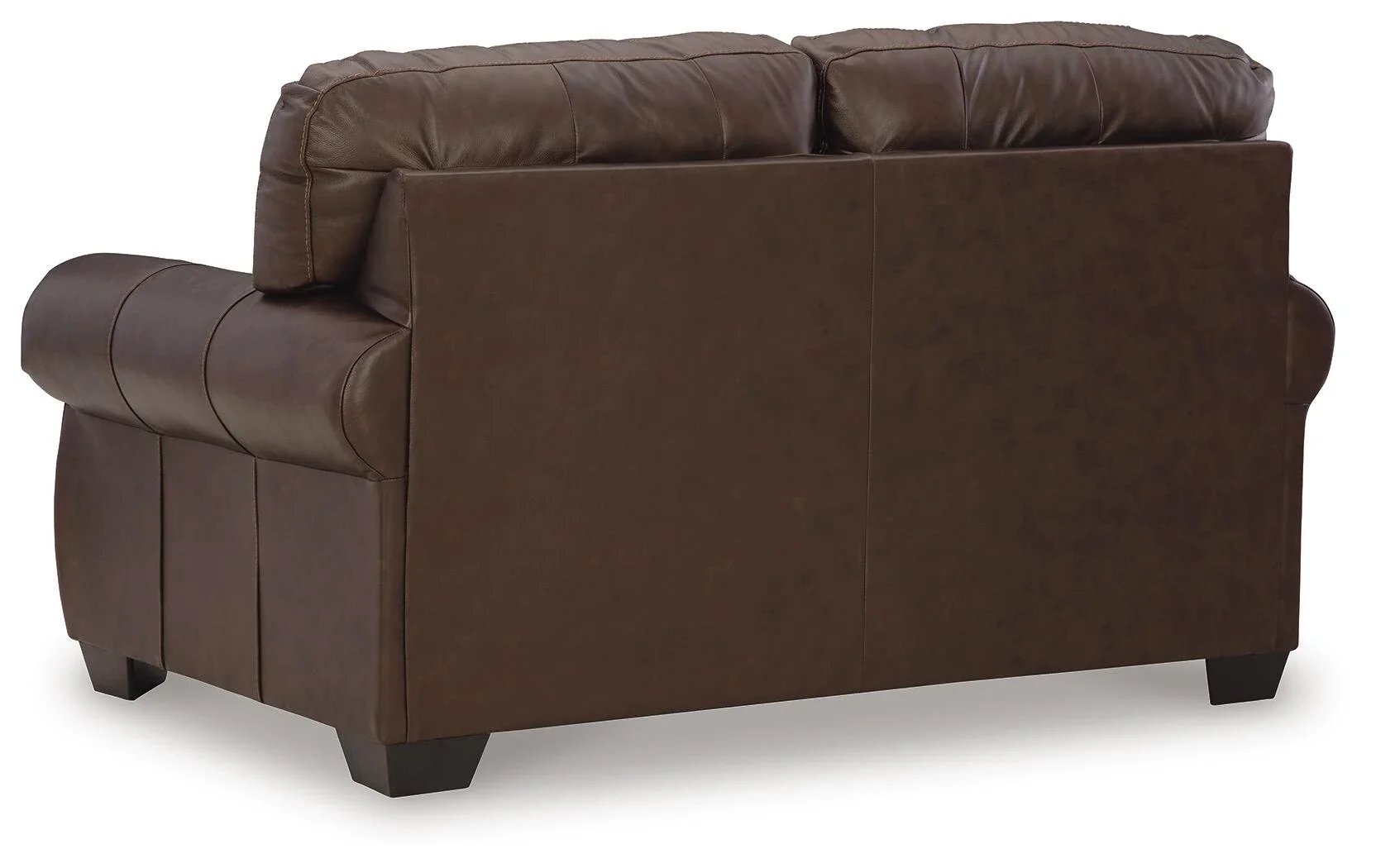 Matching leather loveseat with top-grain leather seating, roll arms, decorative nailhead trim, and supportive foam cushions.