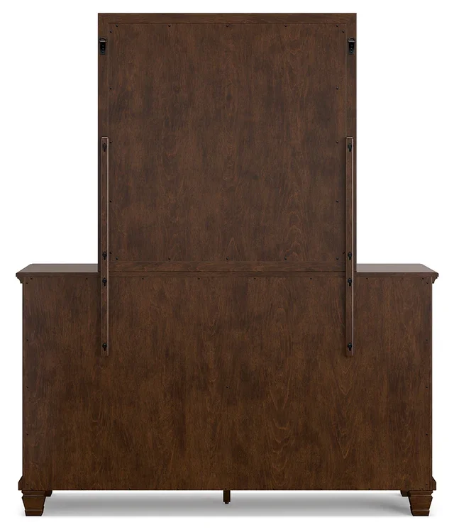 Seven-drawer cherry dresser with a matching framed mirror, dovetail drawers, and satin nickel-tone hardware.