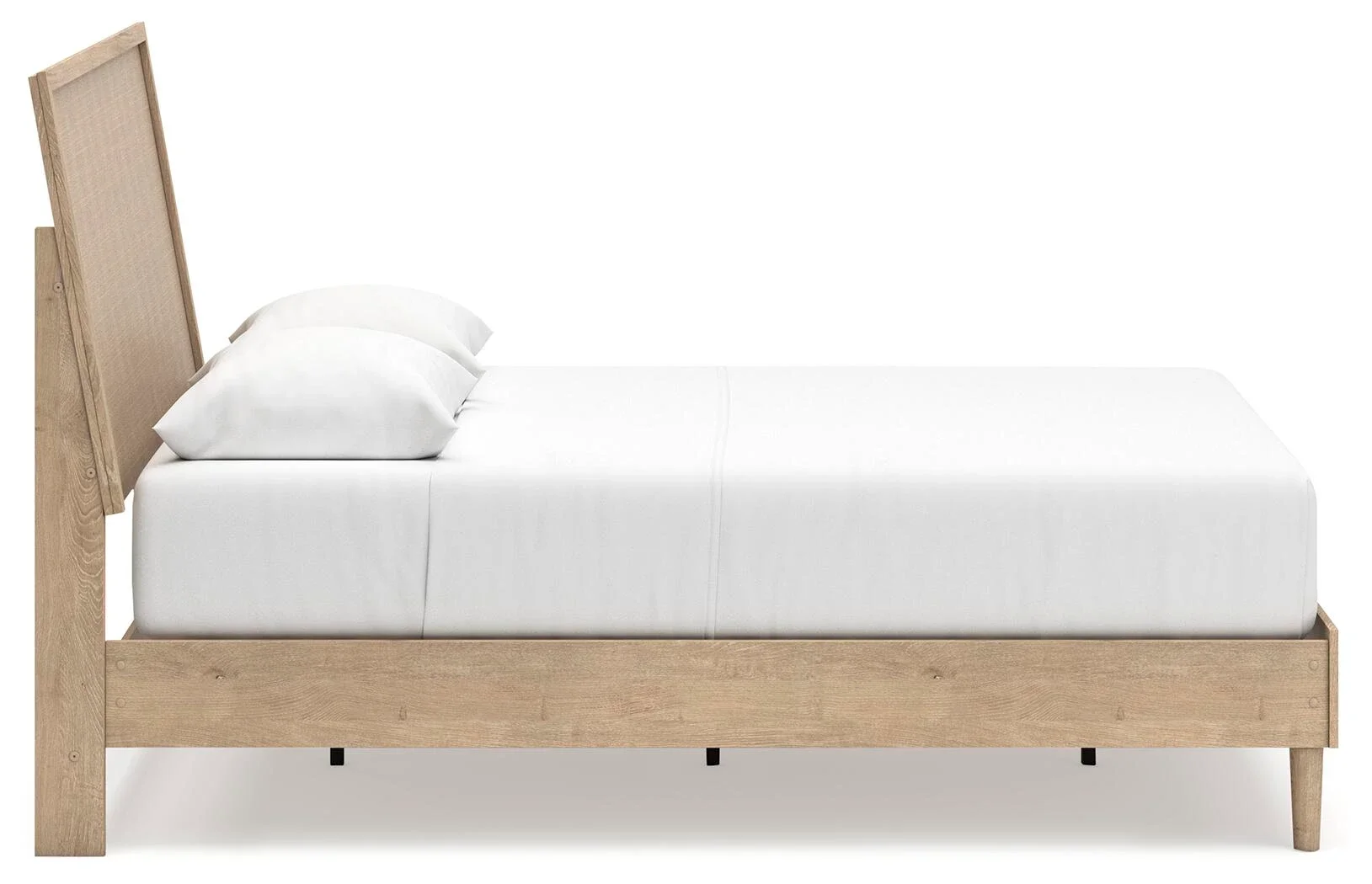 Modern panel bed with a light oak finish, cane-inspired headboard detail, and built-in roll slat support.