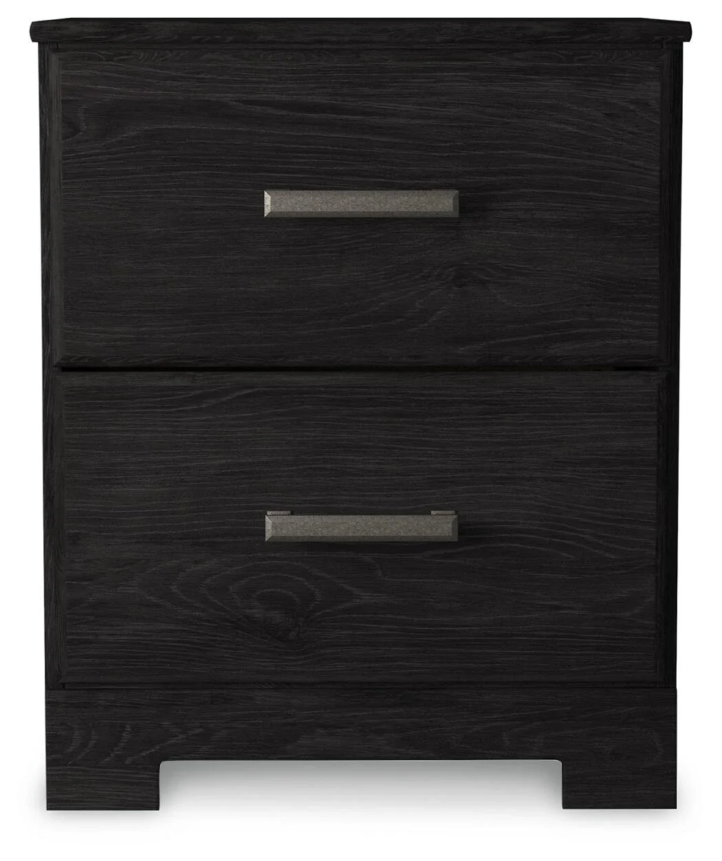 Two-drawer charcoal nightstand with a replicated oak grain finish, smooth-gliding drawers, and antiqued pewter-tone hardware.