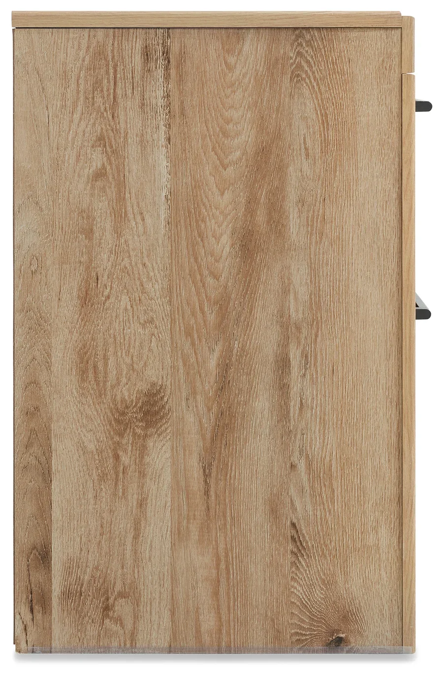 Two-drawer nightstand with a golden rustic finish, faux linen-lined drawers, antiqued gunmetal hardware, and built-in USB charging ports.