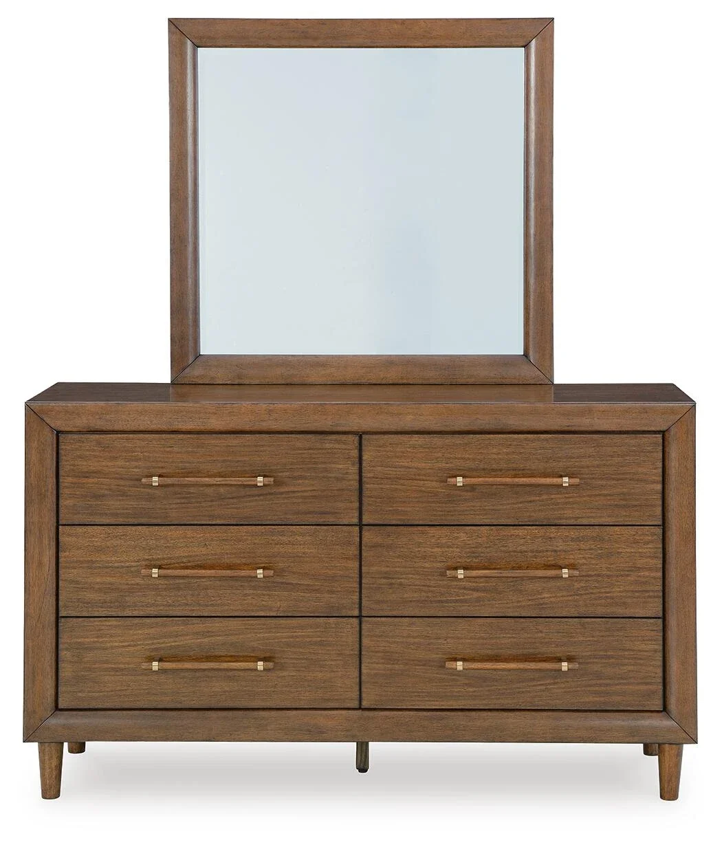 Six-drawer dresser with a matching mirror, mango wood finish, dovetail drawers, and smooth ball-bearing drawer glides.