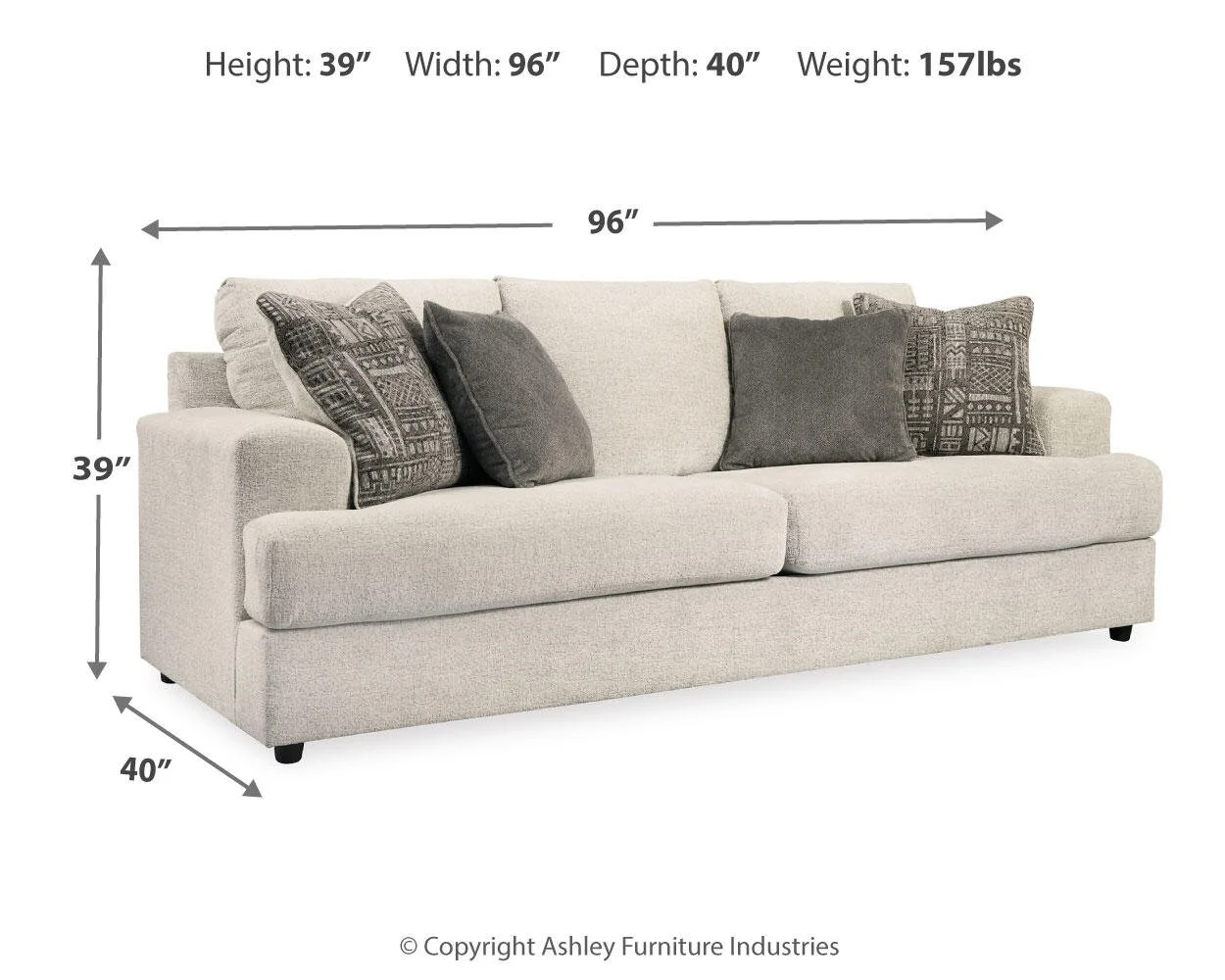 Sutton sofa dimensions showing overall width, depth, and height measurements.