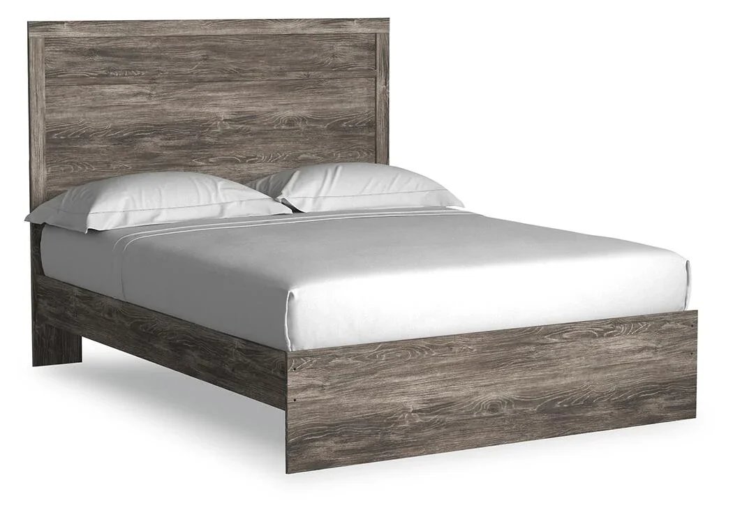 Modern panel bed with a warm gray oak-look finish, plank-style headboard detailing, and clean contemporary lines.