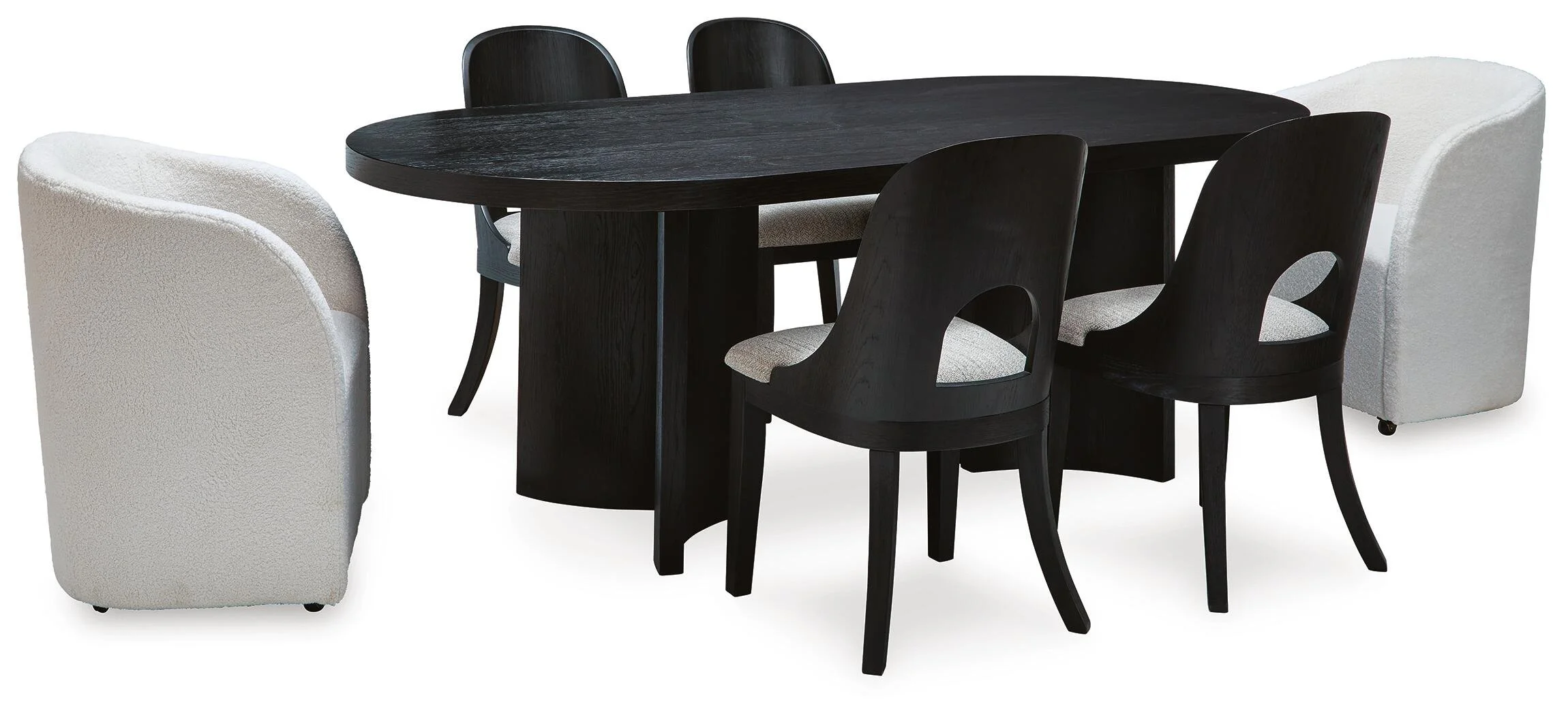 Riverside 7-piece dining set with a black oval dining table, four upholstered side chairs, and two upholstered armchairs on a white background.