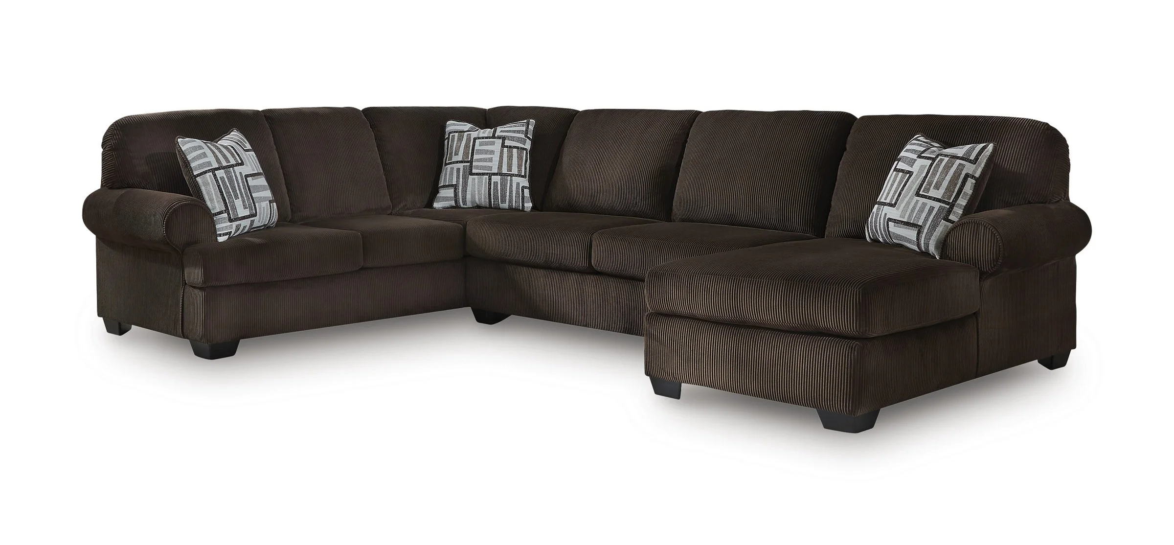 Transitional sectional with chaise featuring soft chocolate brown corded upholstery, plush seating, and coordinating accent pillows.