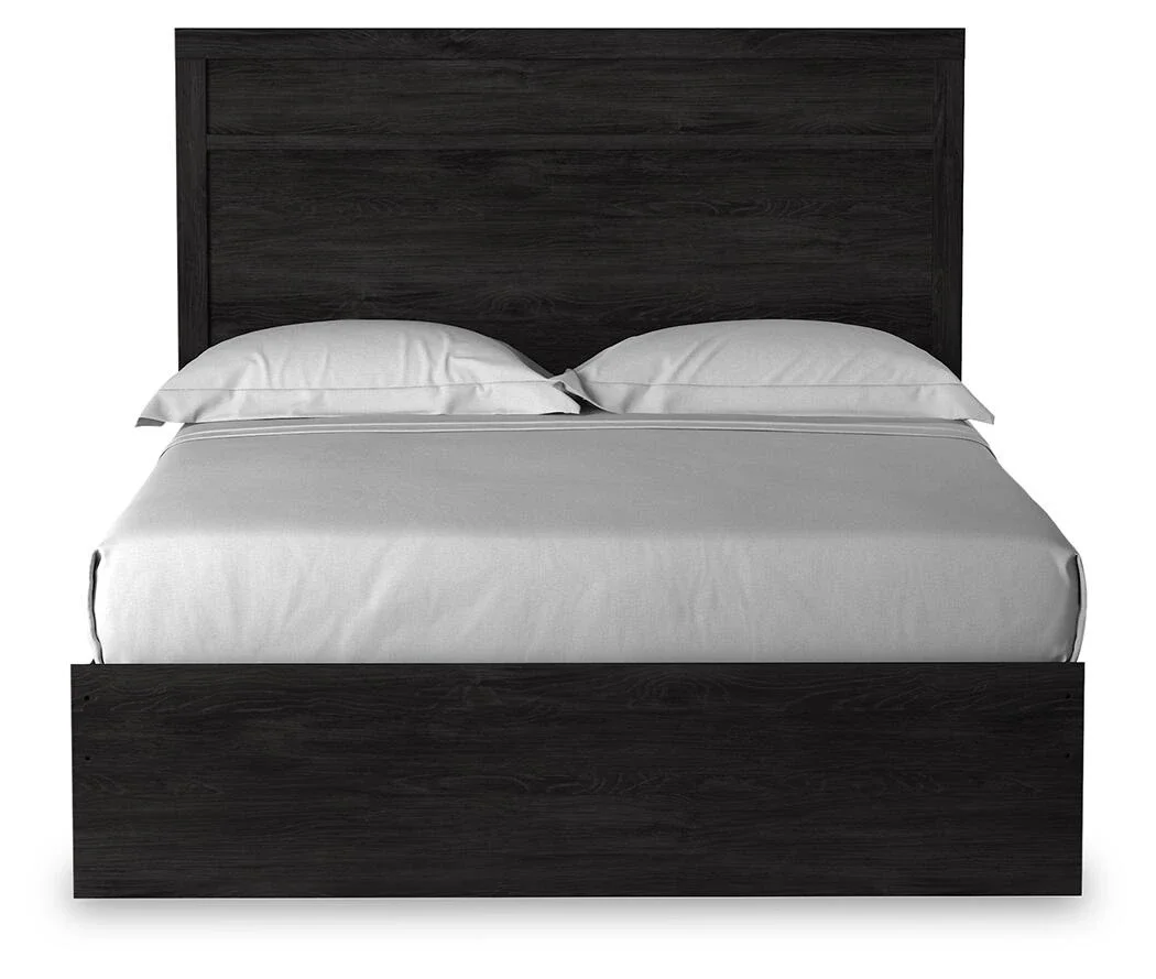 Modern charcoal panel bed with a replicated oak grain finish and clean contemporary styling.
