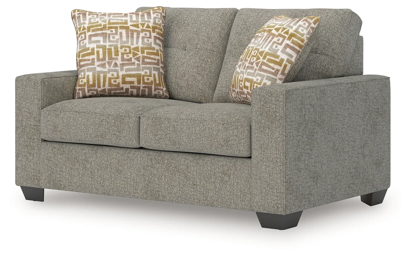 Matching transitional loveseat with track arms, soft polyester upholstery, plush cushions, and coordinating accent pillows.