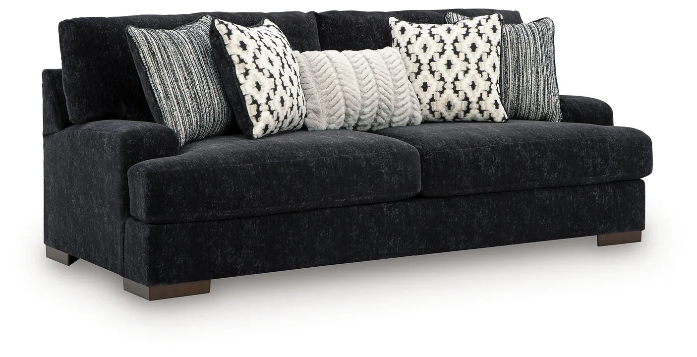 Oversized contemporary sofa with chunky chenille upholstery, reversible cushions, plush seating, and coordinating accent pillows.