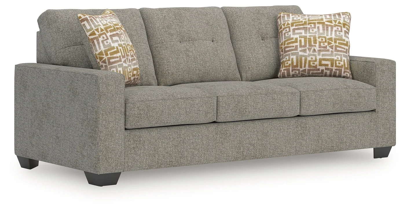 Transitional sofa with track arms, soft neutral polyester upholstery, plush cushions, and coordinating accent pillows.